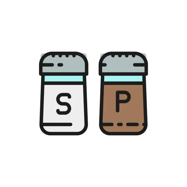 Vector illustration of Salt and pepper, spices flat color line icon. Isolated on white background