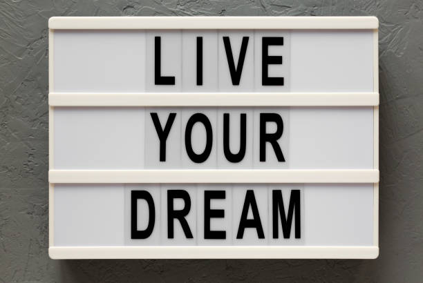 istock 'Live your dream' words on a modern board on a gray background, top view. Overhead, from above, flat lay. 1206402495