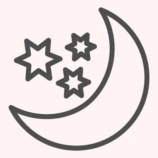 Vector illustration of Moon and stars line icon. Night sky with moon terminator. Astronomy vector design concept, outline style pictogram on white background, use for web and app. Eps 10.