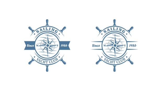 흰색 배경에 스티어링 휠, 나침반, 파도 및 텍스트의 벡터 그림입니다. - sailboat sign nautical vessel shape stock illustrations