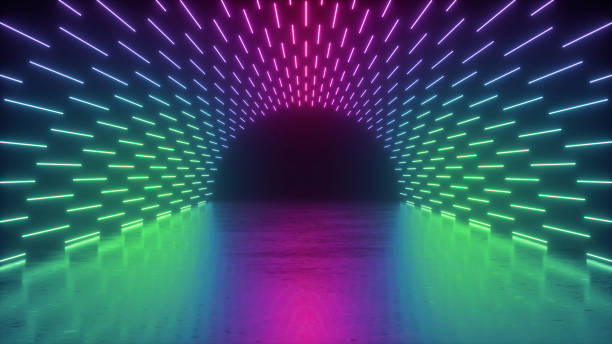 istock 3d render, abstract neon background, performance stage, pink green glowing lines, ultraviolet light, round tunnel, corridor, floor reflection 1206407774