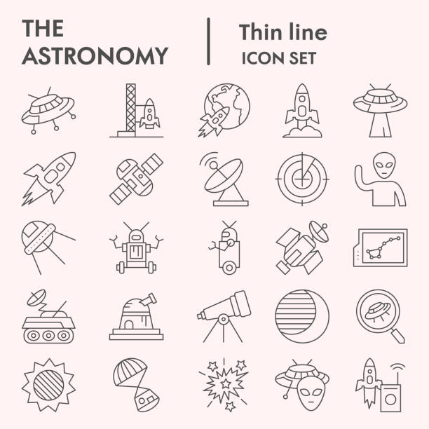 astronomia cienka linia ikona zestaw. kolekcja obiektów wszechświata, szkice wektorowe, ilustracje logo, symbole internetowe, pakiet piktogramów liniowych izolowanych na białym tle, eps 10. - art astronomy space stratosphere stock illustrations