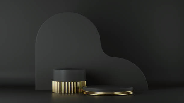 istock 3d render, minimalist black gold background. Empty cylinder podium, vacant pedestal, round stage, showcase stand, product display, platform. Abstract architectural elements. Copy space. Premium design 1206407785
