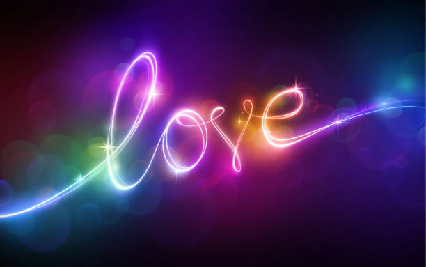 istock multicolor neon light, love lettering. Glowing single line art, handwritten word, ultraviolet text, light drawing. Romantic festive background for Valentine day 1206407826