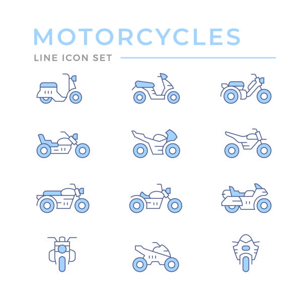 ilustrações, clipart, desenhos animados e ícones de definir ícones da linha de cores de motocicletas - motor scooter vacations motor vehicle usa
