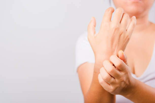 istock Asian beautiful woman itching her useing hand scratch itch hand on white background 1206411731
