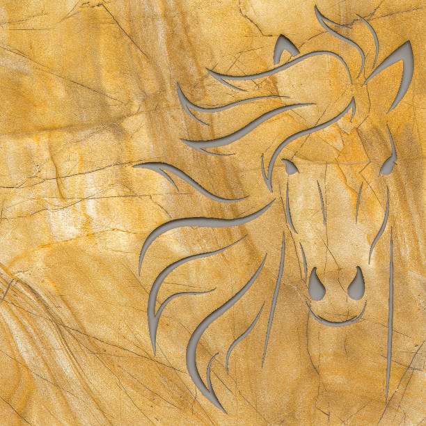 High quality rock panel tile with beautiful carved horse face for wall  decoration, 3d illustration. - Illustration