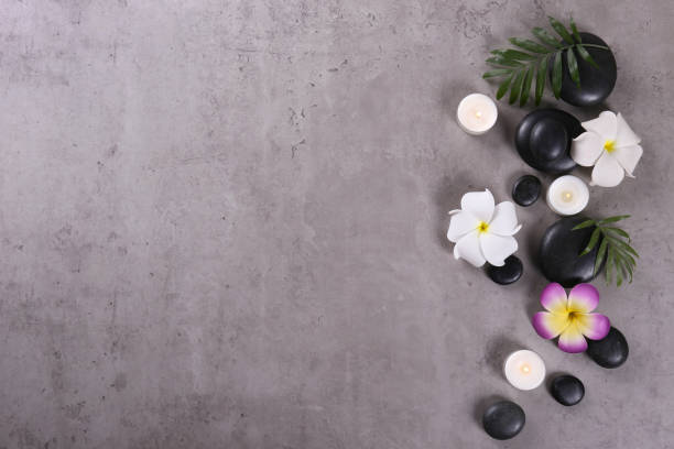 istock Spa and stone therapy procedure items in flat lay composition. 1206418823