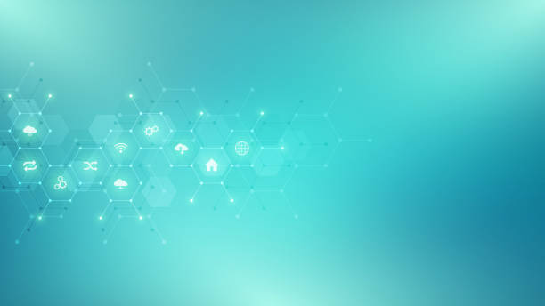 istock Technology background with flat icons and symbols. Concept and idea for internet of things, communication, network, innovation technology, system integration. Vector illustration. 1206421166