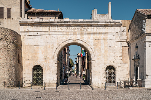 the ancient triumphal arch of Emperor Augustus in Fano, Pesaro-Urbino province, Marche, Italy.