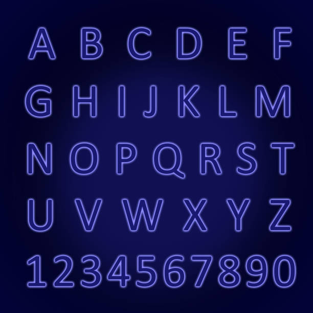 istock Glowing neon alphabet with letters from A to Z and numbers from 1 to 0. Trend color - phantom blue. 1206423050