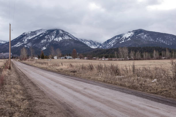 istock Dirt road as a leading line past an empty pasture and towards a snow covered mountain range 1206424319