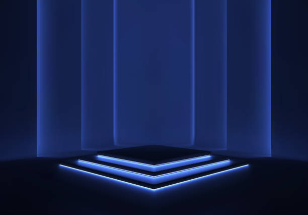 beleuchtete szene mit drei stufen, die von neonlichtern beleuchtet werden. glänzendes podium auf tiefblauem hintergrund. frosted reflexion von neonlichtern. ausstellungsraum. vektor. - dance and electronic blue shiny empty stock-grafiken, -clipart, -cartoons und -symbole