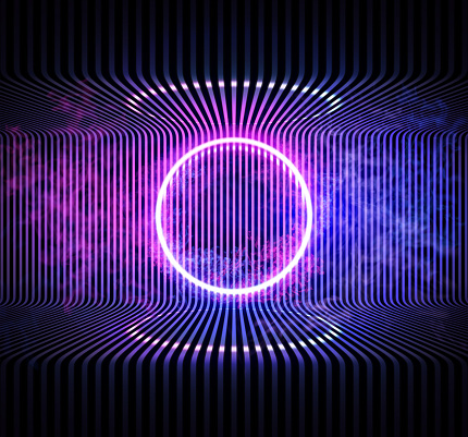 Neon color geometric circle on metal stripe pattern background. Round mystical portal, neon sign. Reflection of blue and pink neon light on the floor. Rays of light in the dark, smoke. Vector EPS 10