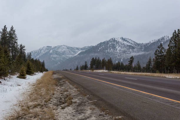istock Roadway as a leading line through evergreen forests and a snow capped mountain range 1206424482