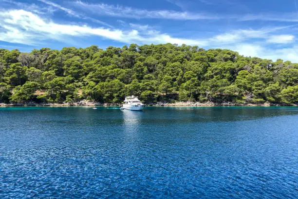 MLuxury motoryacht moored in wonderful bay, turquoise sea, forest in background, summer sunny day