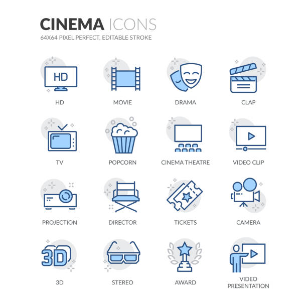 Line Cinema Icons Simple Set of Cinema Related Vector Line Icons. 
Contains such Icons as Movie Clip, Popcorn, Tickets and more.
Editable Stroke. 64x64 Pixel Perfect. movie patterns stock illustrations
