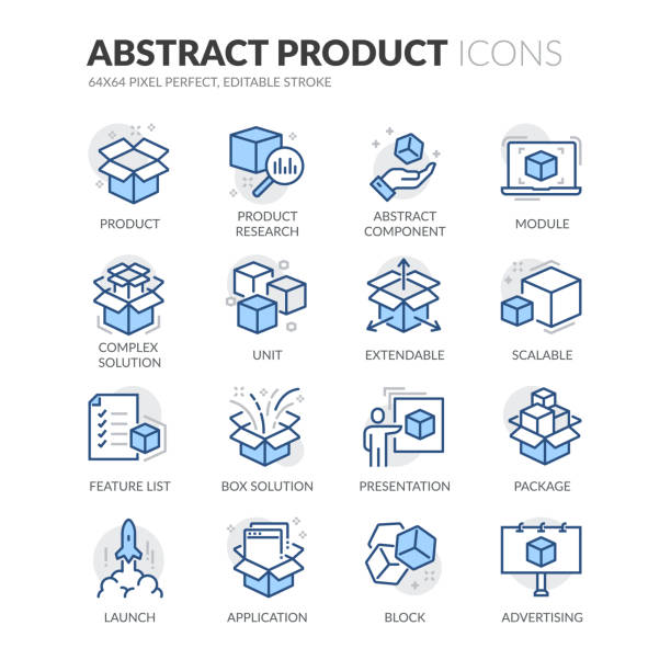 Line Abstract Product Color Icons Simple Set of Abstract Product Related Vector Line Icons. 
Contains such Icons as Product Research, Module, Application and more.
Editable Stroke. 64x64 Pixel Perfect. box container stock illustrations
