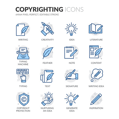 Simple Set of Copyrighting Related Vector Line Icons. 
Contains such Icons as Typing Machine, Signature, Creative Process and more.
Editable Stroke. 64x64 Pixel Perfect.