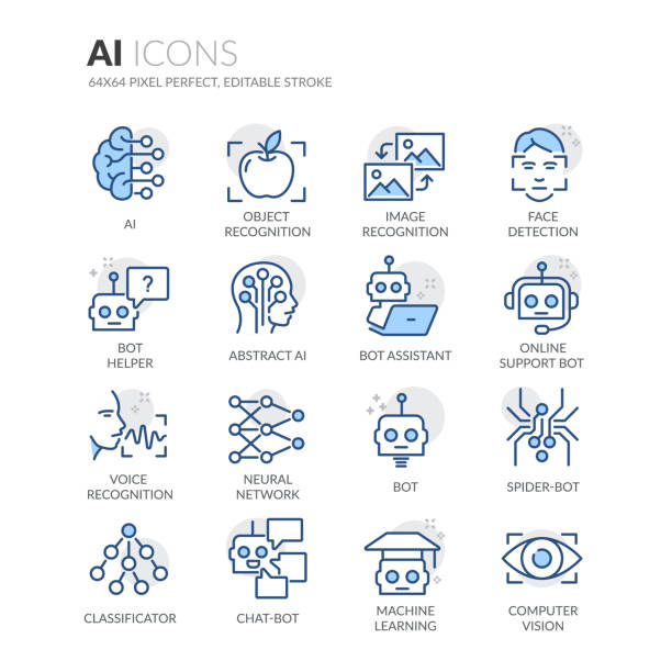 Line Artificial Intelligence Icons Simple Set of Artificial Intelligence Related Vector Line Icons. 
Contains such Icons as Object Recognition, Machine Learning, Support Bot and more. Editable Stroke. 64x64 Pixel Perfect. robot spider stock illustrations