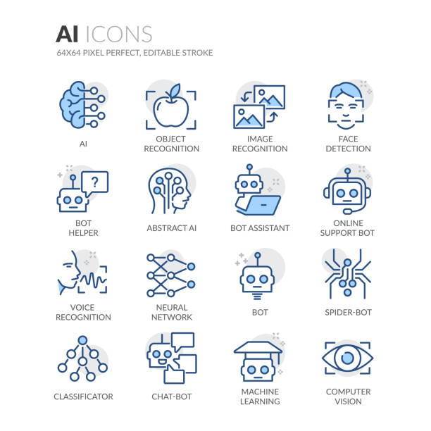 Line Artificial Intelligence Icons Simple Set of Artificial Intelligence Related Vector Line Icons.
Contains such Icons as Object Recognition, Machine Learning, Support Bot and more. Editable Stroke. 64x64 Pixel Perfect. artificial intelligence icon stock illustrations