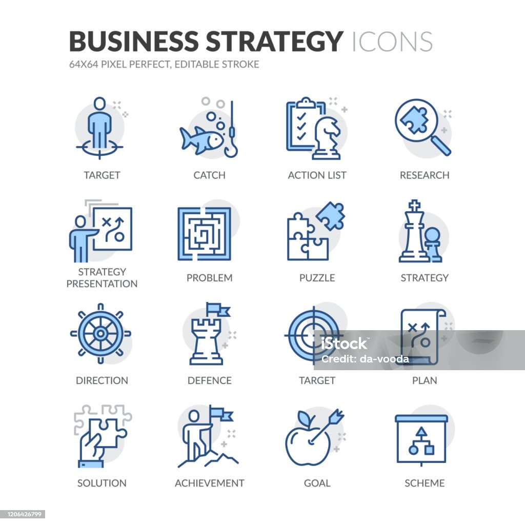 Line Business Strategy Icons Simple Set of Business Strategy Related Vector Line Icons. 
Contains such Icons as Action List, Research, Solution and more.
Editable Stroke. 64x64 Pixel Perfect. Icon stock vector