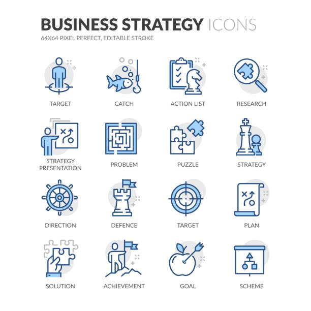 Line Business Strategy Icons Simple Set of Business Strategy Related Vector Line Icons. 
Contains such Icons as Action List, Research, Solution and more.
Editable Stroke. 64x64 Pixel Perfect. puzzle icons stock illustrations
