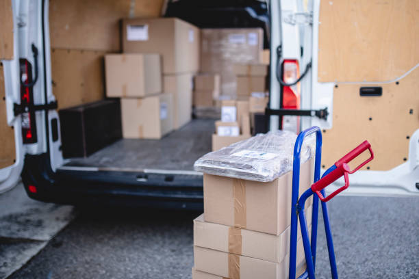 istock Hand Truck with Stack of Packages for Loading onto Van 1206427197