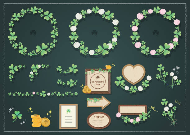 klee eines trefoils. st. patrick day. kleeblatt, grüne farbe und goldmünze motiv. icon-set zum dekorieren. - kronblatt stock-grafiken, -clipart, -cartoons und -symbole