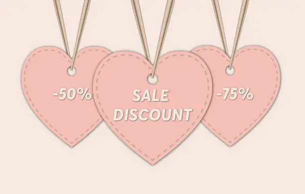 Vector illustration of Sale Discount sale tags in heart shapes.