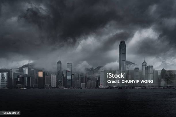 Thick Cloud And Fog Shrouds Buildings In Hong Kong Stock Photo - Download Image Now - City, Storm, Hong Kong