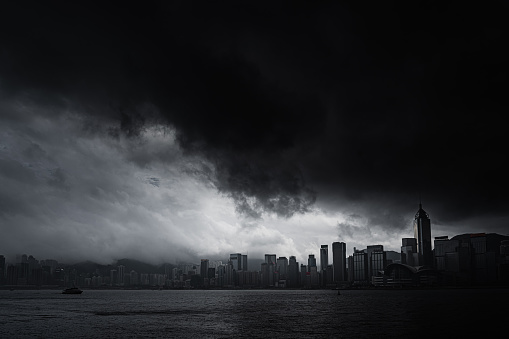 Thick cloud and fog shrouds buildings in Hong Kong, China