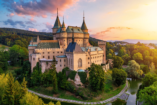 Bojnice, Slovakia - August 30, 2019 : Old beautiful medieval castle in Bojnice, Slovakia, Europe. UNESCO heritage landmark.