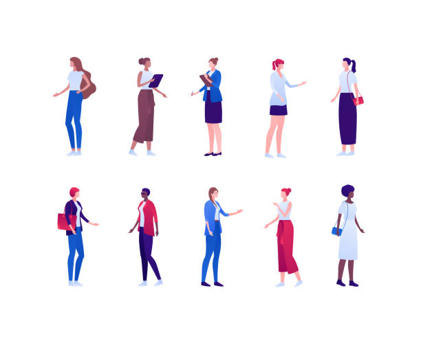 business und casual work mode weibliches konzept. vektor flache person illustration set. frauen unterschiedlicher ethnischer stellung auf weiß. designelement für banner, infografik-plakat, web-hintergrund - women white background caucasian isolated stock-grafiken, -clipart, -cartoons und -symbole