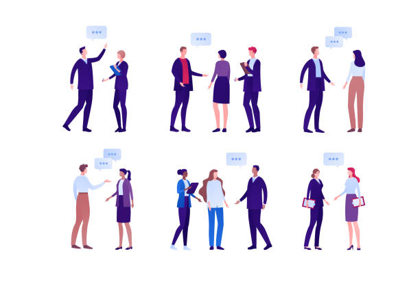 ilustrações de stock, clip art, desenhos animados e ícones de business meeting concept. vector flat person illustration set. group of people discussion with talk bubble symbol. diverse ethnic. design element for banner, infographic poster, web background - business meeting teamwork business team