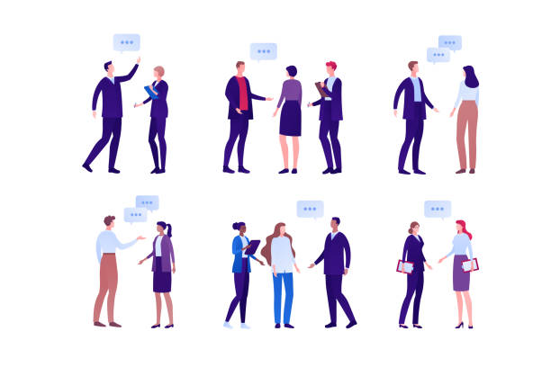 Business meeting concept. Vector flat person illustration set. Group of people discussion with talk bubble symbol. Diverse ethnic. Design element for banner, infographic poster, web background Business people talking concept. Vector flat person illustration set. Group of people discussion with talk bubble symbol. Diverse ethnic. Design element for banner, infographic poster, web background business person illustrations stock illustrations