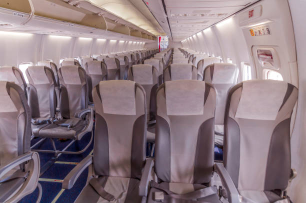 istock Perspective view of empty aircraft seats and lights in Turkey 1206436500