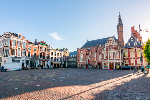 Haarlem, Netherlands - June 2019: Market square architecture in center of Haarlem