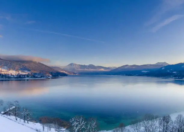 View at the Tegernsee lake near Gmund with Wallenberg mountain in Winter, Upper Bavaria, Bavaria, Germany, Europe