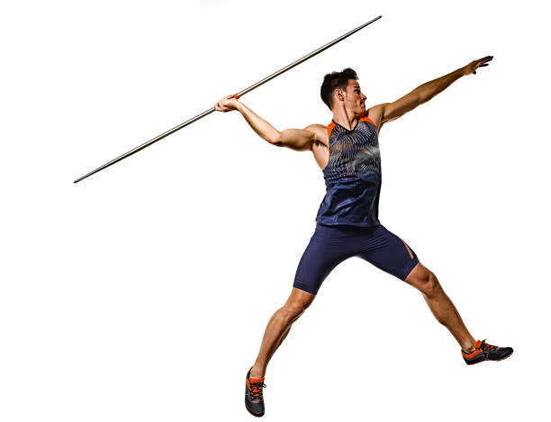 junge mann leichtathletik javelin athlet isoliert weißen hintergrund - javelin stock-fotos und bilder