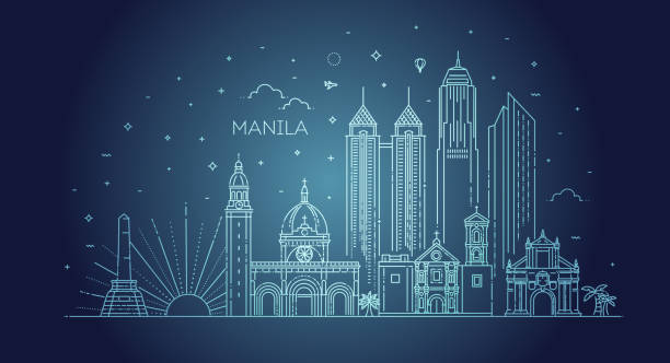 manila philippinen vektor city skyline. - manila cathedral stock-grafiken, -clipart, -cartoons und -symbole