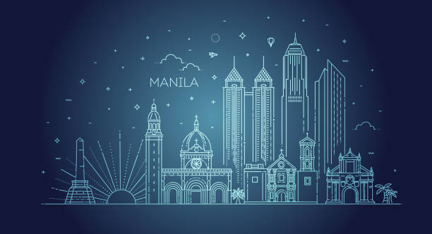 ilustraciones, imágenes clip art, dibujos animados e iconos de stock de manila filipinas vector city skyline. - manila cathedral