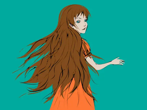 Vector illustration of Beautiful cartoon girl with long light brown hair turning her head and looking back