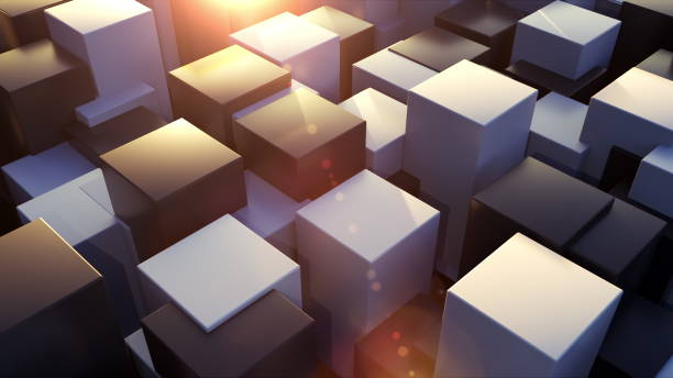istock 3d rendering geometric background. Transformation of rectangle elements of different levels with a square base. Abstract structure with cubes, computer generated 1206450264
