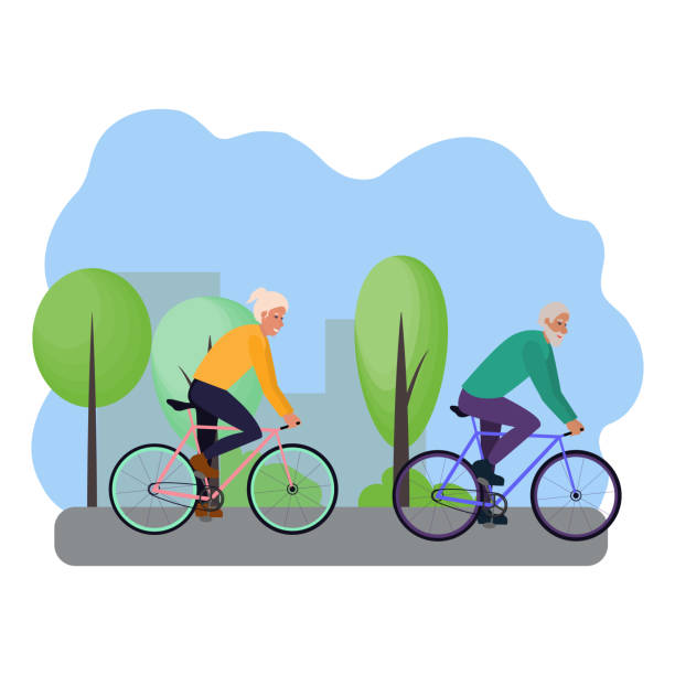 Vector illustration with an elderly man and woman riding bicycles in a park outside the city. Active lifestyle for old people. Cheerful elderly couple. Vector illustration with an elderly man and woman riding bicycles in a park outside the city. Active lifestyle for old people. Cheerful elderly couple. cartoon of the older people exercising gym stock illustrations