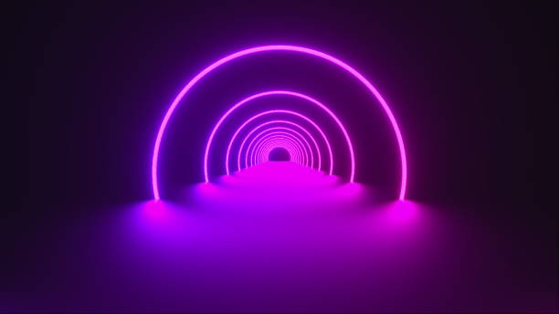 istock 3d render of circle neon tunnel. Ultraviolet abstract background from round arcade. Computer generated a virtual reality 1206450340