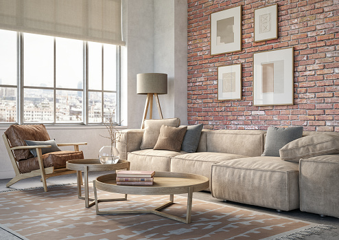 Bohemian living room interior 3d render with  beige colored furniture and wooden elements and brick wall