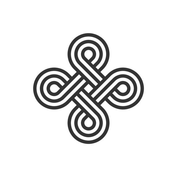 Infinite loop sign. Celtic interlocking knot. Endless loop. Old ornament strip. Eternity line. Interconnected circular shapes. Abstract perpetual motion icon.Bowen cross symbol.Vector illustration. tied knot stock illustrations