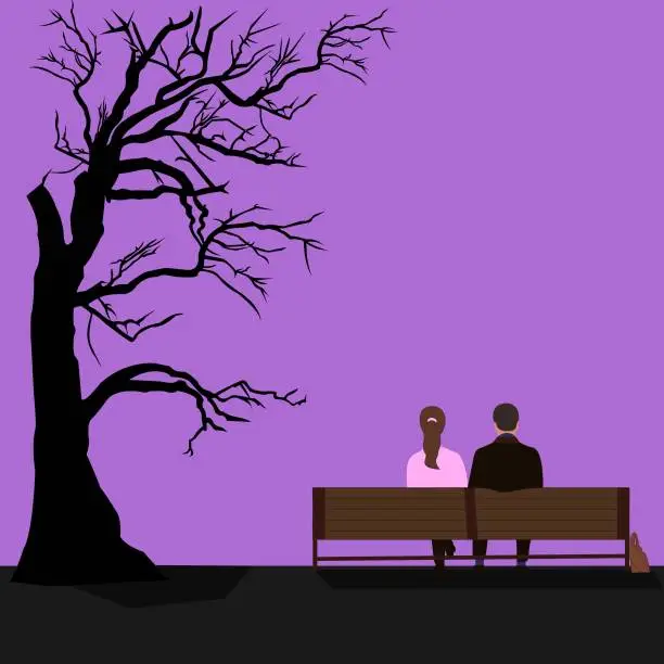 Vector illustration of Couple of strangers outdoors in the Park sitting on a bench back view