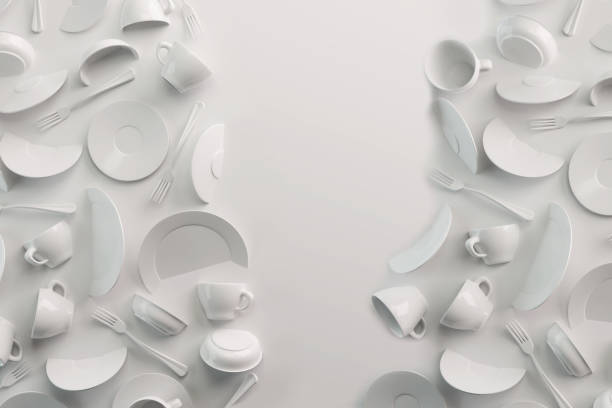 istock White Food background concept for design menu restaurant or cafe. Copy space for your logo. Food flyer. Ceramic Plates and Dishes. White coffee mugs and saucers on a white background. 3d render 1206458393